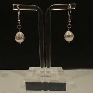 Silver Dangling 9mm White Pearl Drop Earrings w/ Sparkling Rhinestones 1.5” Long